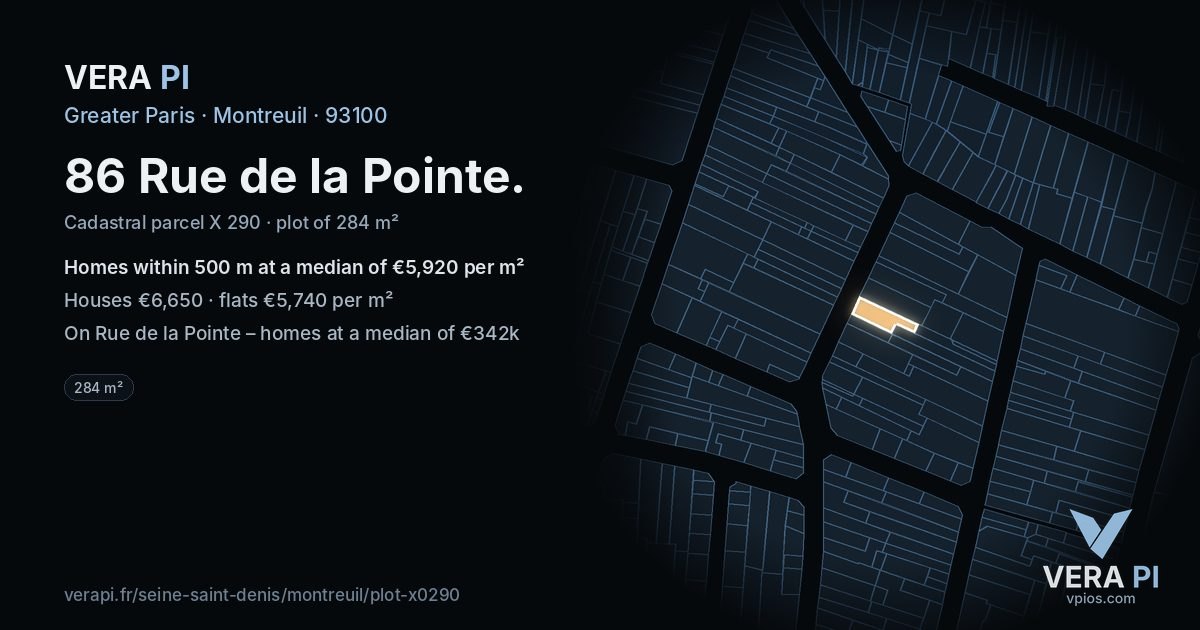 86 Rue de la Pointe, Montreuil at night – the plot lit, the parcels around coloured by the prices near them
