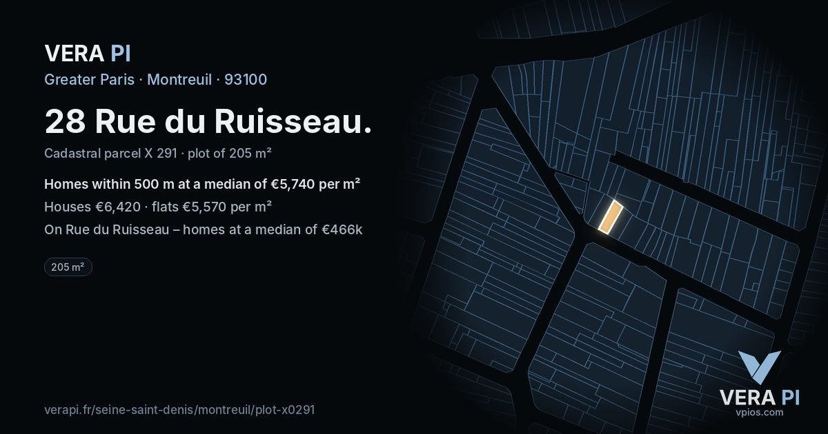 28 Rue du Ruisseau, Montreuil at night – the plot lit, the parcels around coloured by the prices near them