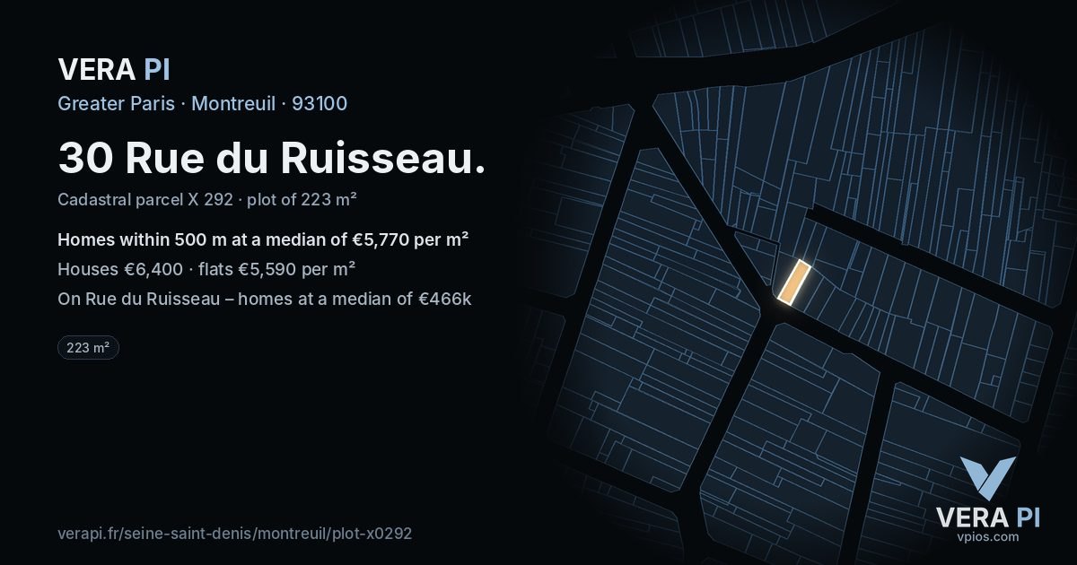 30 Rue du Ruisseau, Montreuil at night – the plot lit, the parcels around coloured by the prices near them