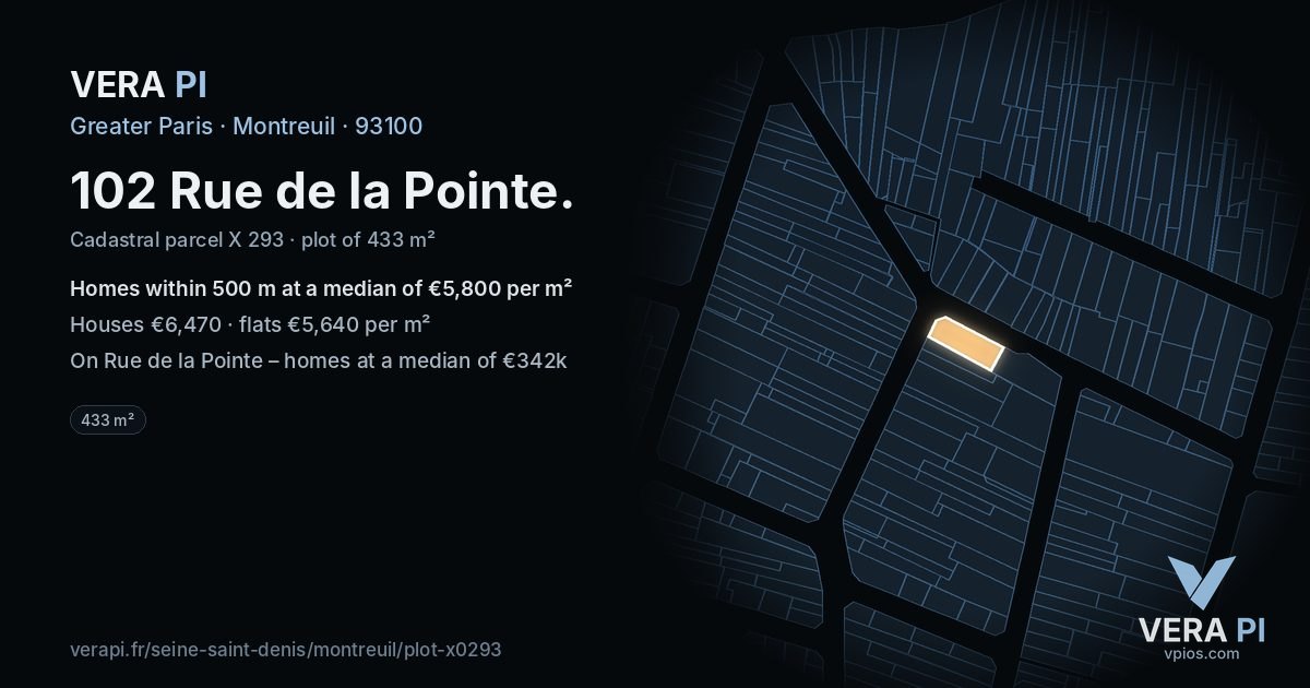 102 Rue de la Pointe, Montreuil at night – the plot lit, the parcels around coloured by the prices near them