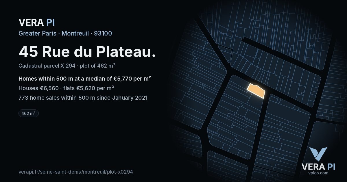 45 Rue du Plateau, Montreuil at night – the plot lit, the parcels around coloured by the prices near them