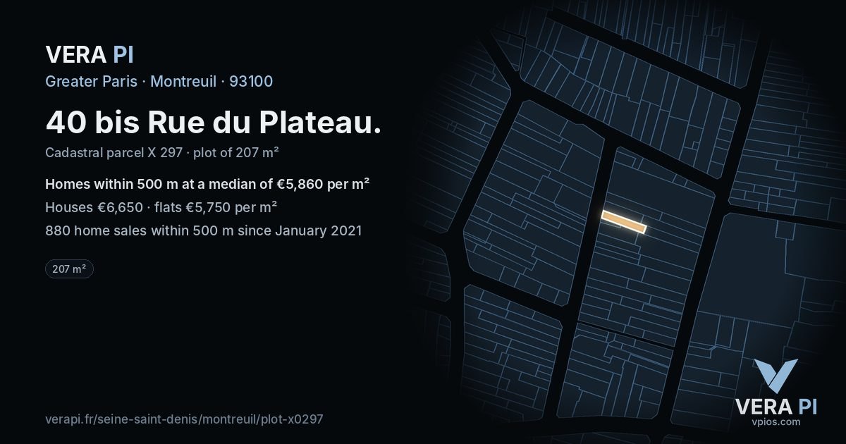 40 bis Rue du Plateau, Montreuil at night – the plot lit, the parcels around coloured by the prices near them