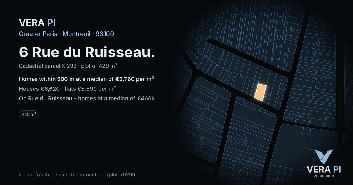 6 Rue du Ruisseau, Montreuil at night – the plot lit, the parcels around coloured by the prices near them