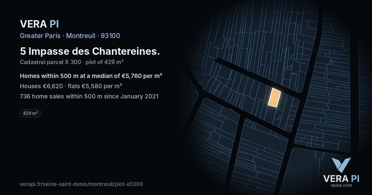 5 Impasse des Chantereines, Montreuil at night – the plot lit, the parcels around coloured by the prices near them