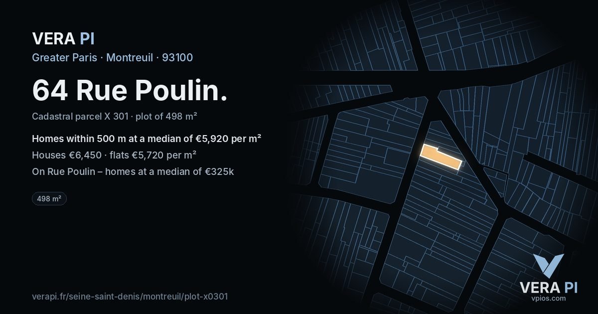64 Rue Poulin, Montreuil at night – the plot lit, the parcels around coloured by the prices near them