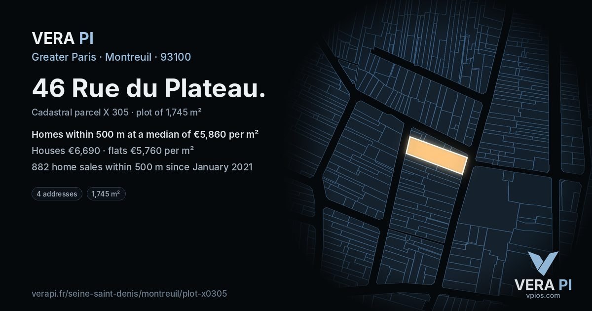 46 Rue du Plateau, Montreuil at night – the plot lit, the parcels around coloured by the prices near them