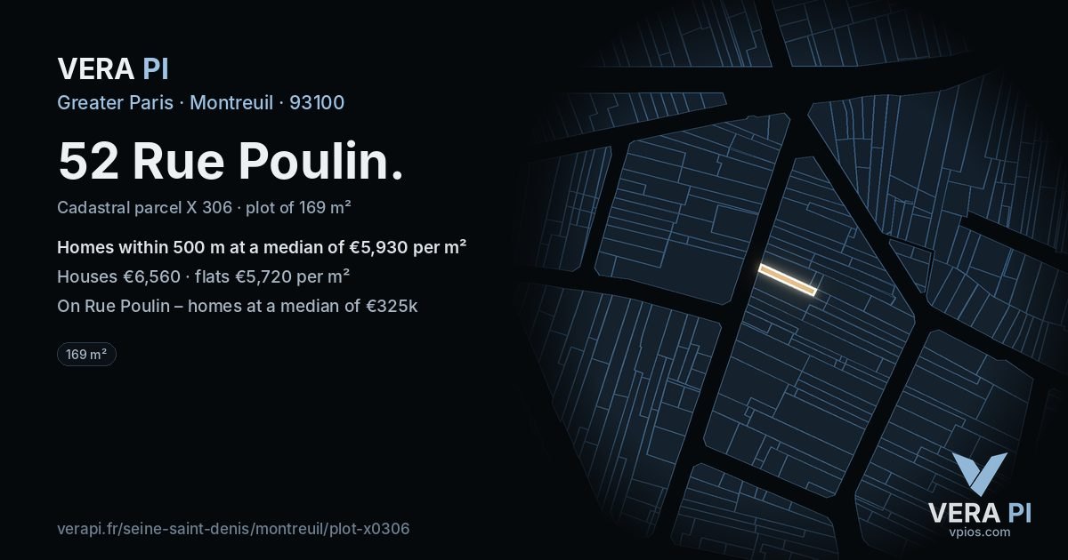 52 Rue Poulin, Montreuil at night – the plot lit, the parcels around coloured by the prices near them