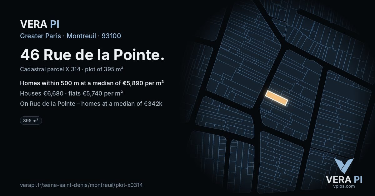 46 Rue de la Pointe, Montreuil at night – the plot lit, the parcels around coloured by the prices near them