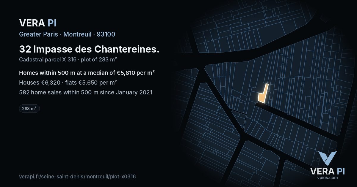 32 Impasse des Chantereines, Montreuil at night – the plot lit, the parcels around coloured by the prices near them