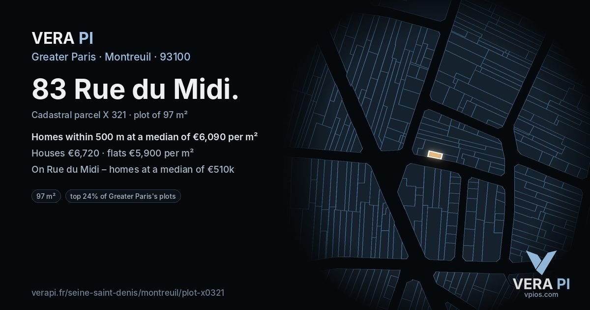 83 Rue du Midi, Montreuil at night – the plot lit, the parcels around coloured by the prices near them