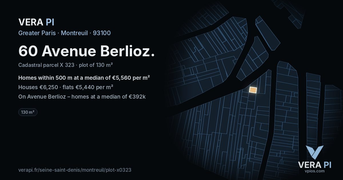 60 Avenue Berlioz, Montreuil at night – the plot lit, the parcels around coloured by the prices near them