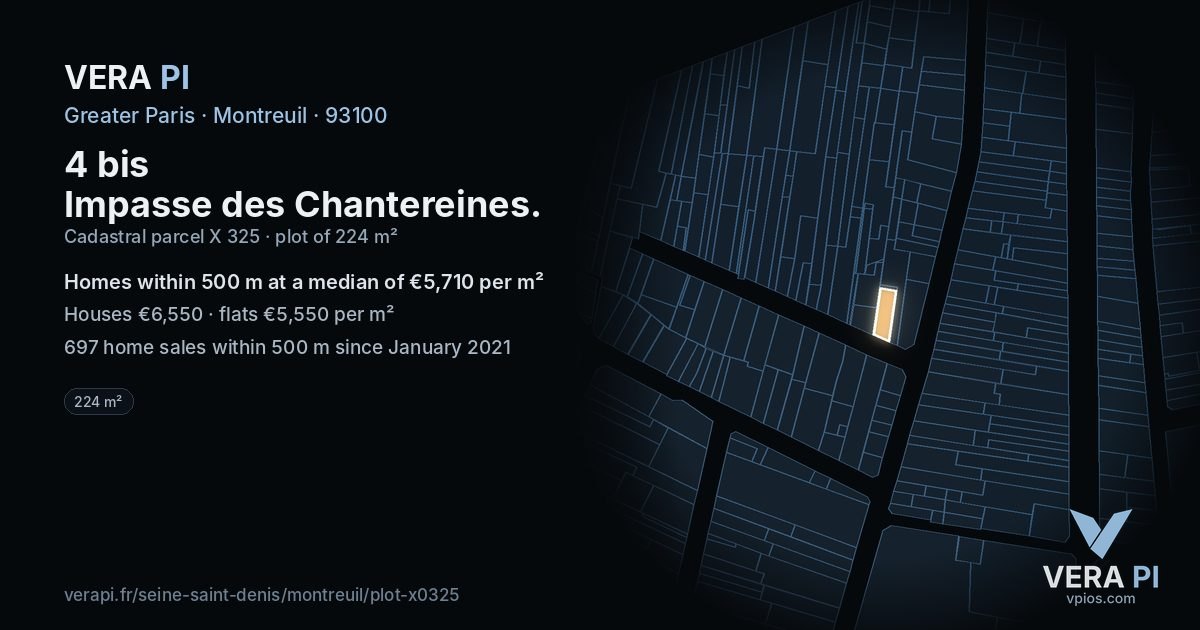 4 bis Impasse des Chantereines, Montreuil at night – the plot lit, the parcels around coloured by the prices near them