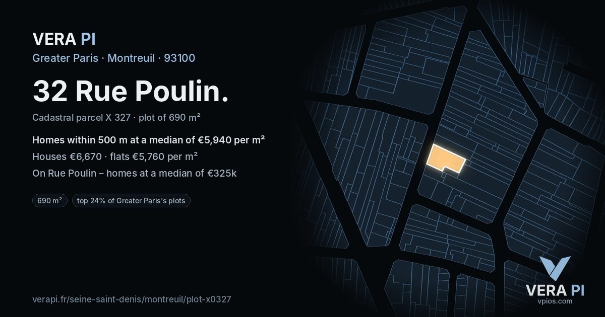 32 Rue Poulin, Montreuil at night – the plot lit, the parcels around coloured by the prices near them