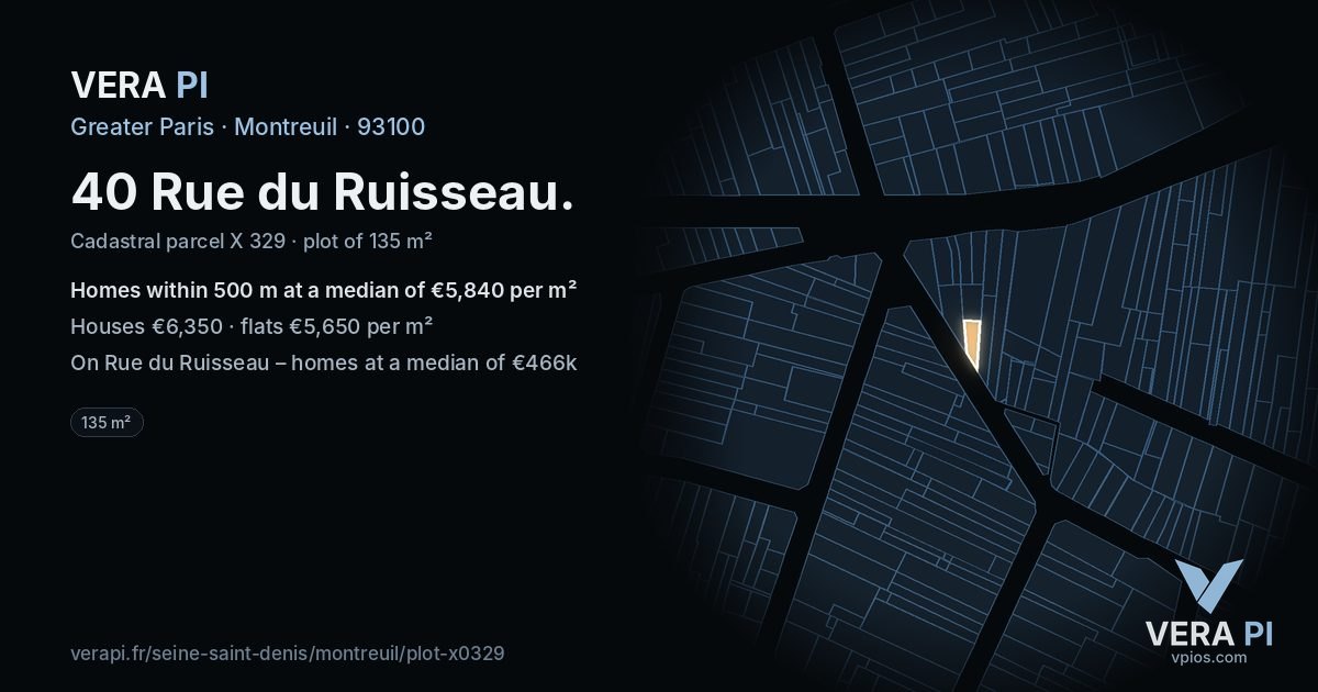 40 Rue du Ruisseau, Montreuil at night – the plot lit, the parcels around coloured by the prices near them