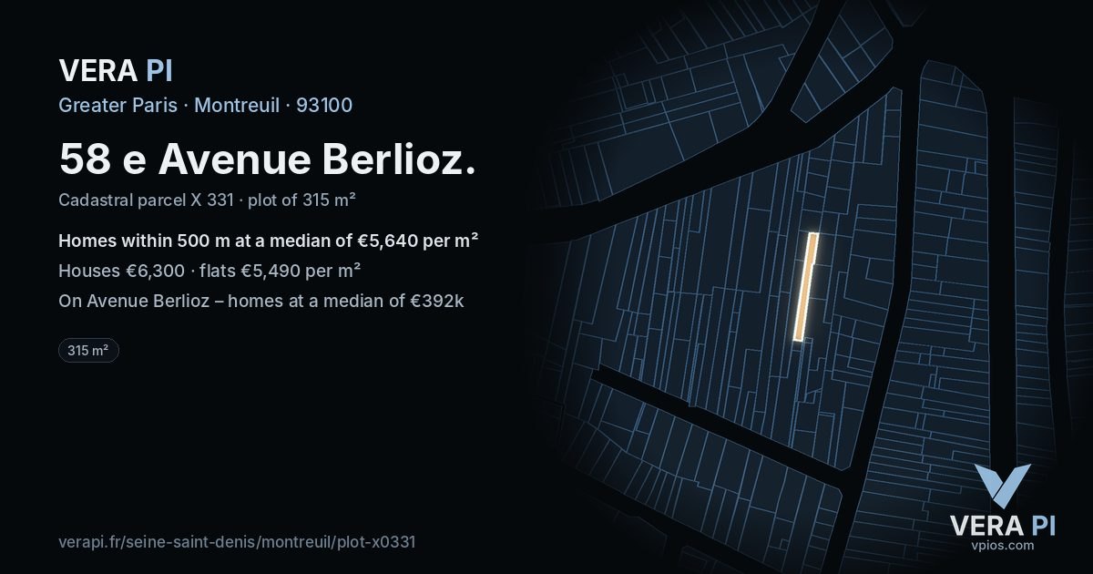 58 e Avenue Berlioz, Montreuil at night – the plot lit, the parcels around coloured by the prices near them