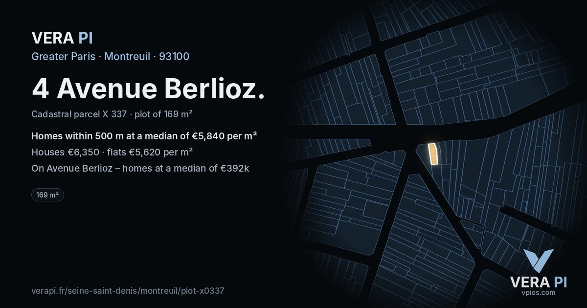 4 Avenue Berlioz, Montreuil at night – the plot lit, the parcels around coloured by the prices near them