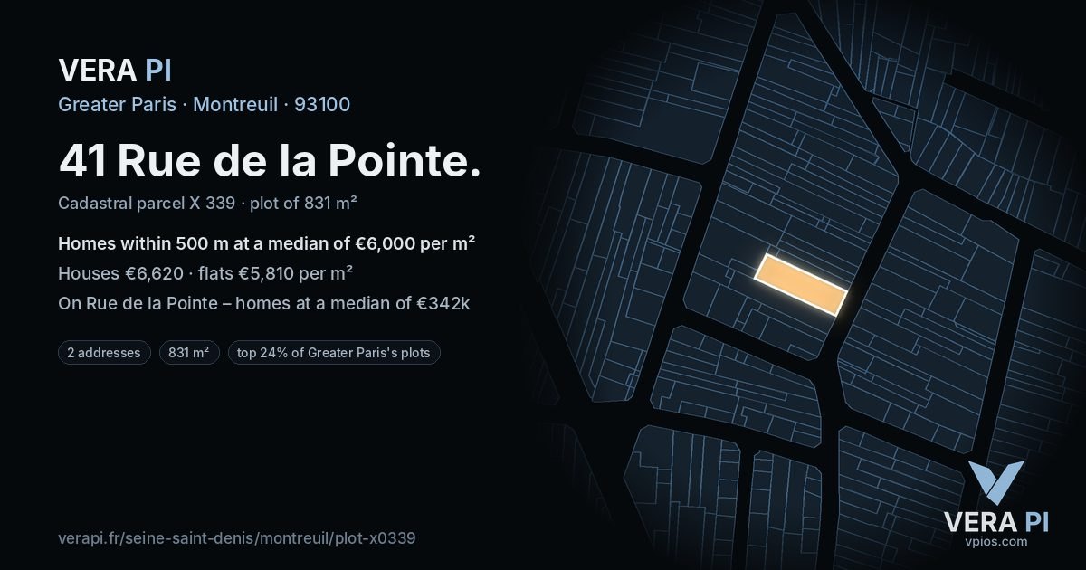 41 Rue de la Pointe, Montreuil at night – the plot lit, the parcels around coloured by the prices near them