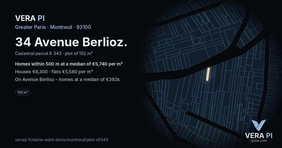 34 Avenue Berlioz, Montreuil at night – the plot lit, the parcels around coloured by the prices near them