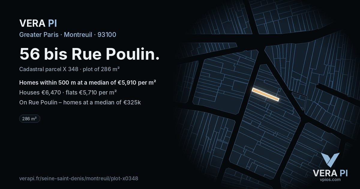 56 bis Rue Poulin, Montreuil at night – the plot lit, the parcels around coloured by the prices near them