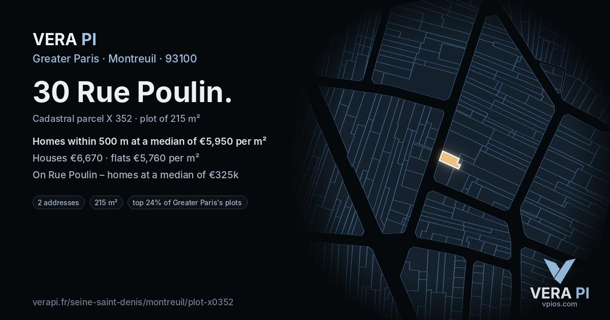 30 Rue Poulin, Montreuil at night – the plot lit, the parcels around coloured by the prices near them
