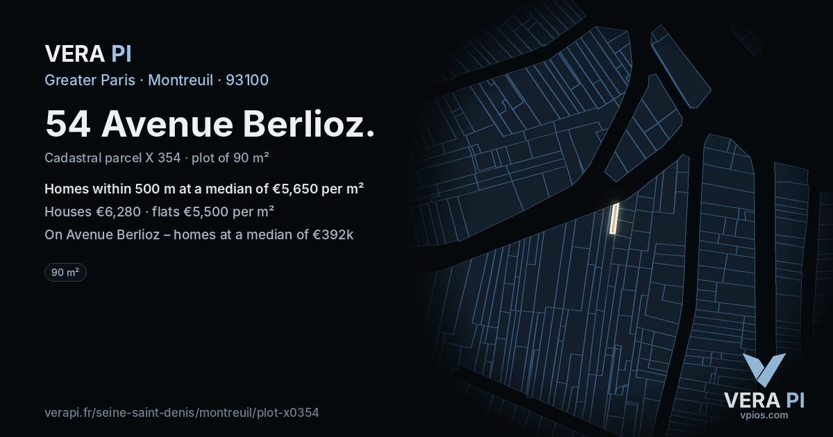 54 Avenue Berlioz, Montreuil at night – the plot lit, the parcels around coloured by the prices near them