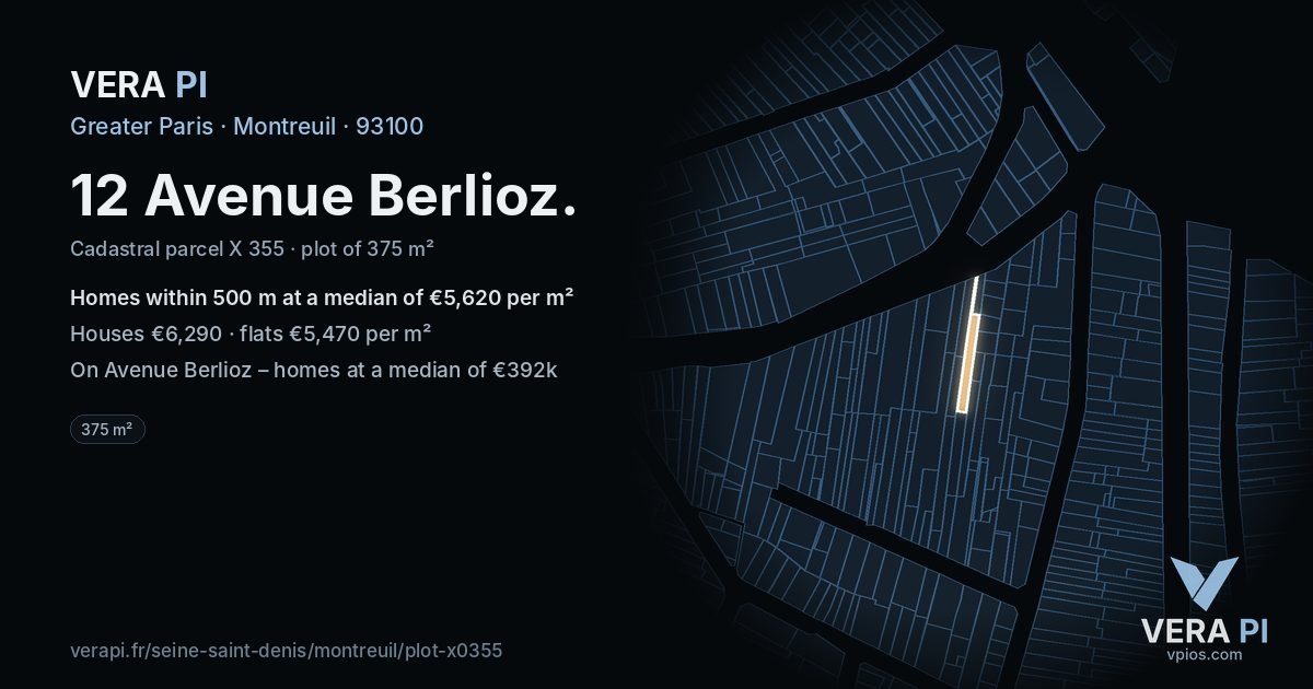 12 Avenue Berlioz, Montreuil at night – the plot lit, the parcels around coloured by the prices near them