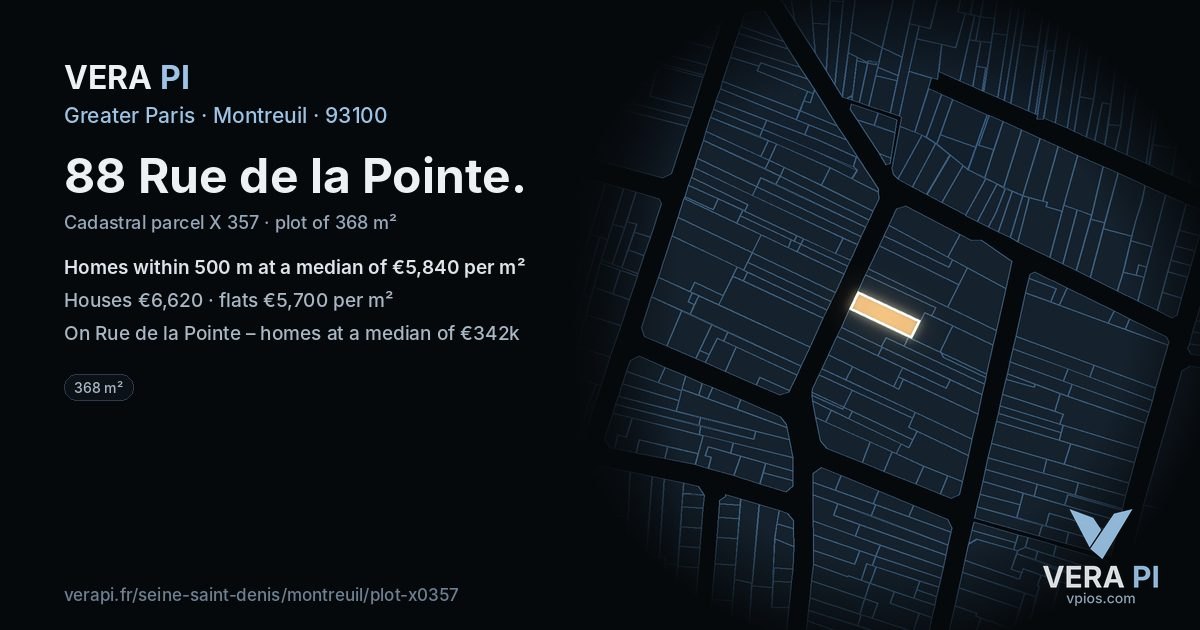 88 Rue de la Pointe, Montreuil at night – the plot lit, the parcels around coloured by the prices near them