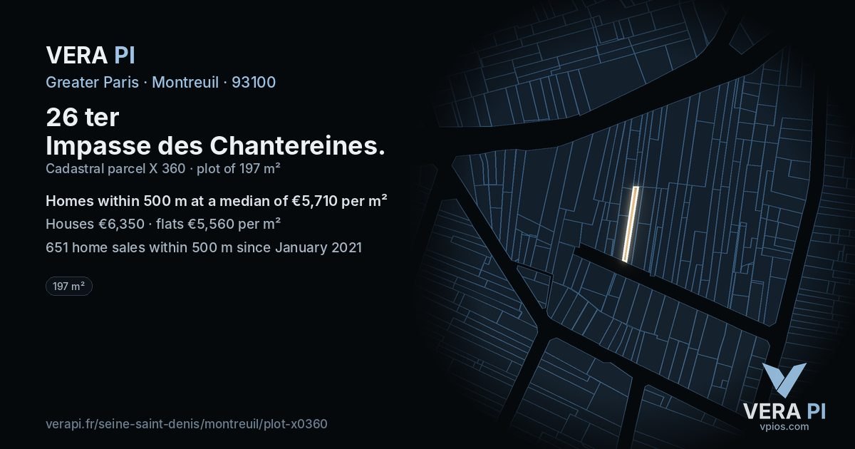 26 ter Impasse des Chantereines, Montreuil at night – the plot lit, the parcels around coloured by the prices near them