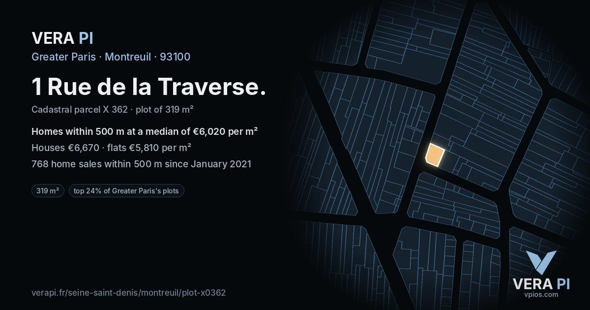 1 Rue de la Traverse, Montreuil at night – the plot lit, the parcels around coloured by the prices near them