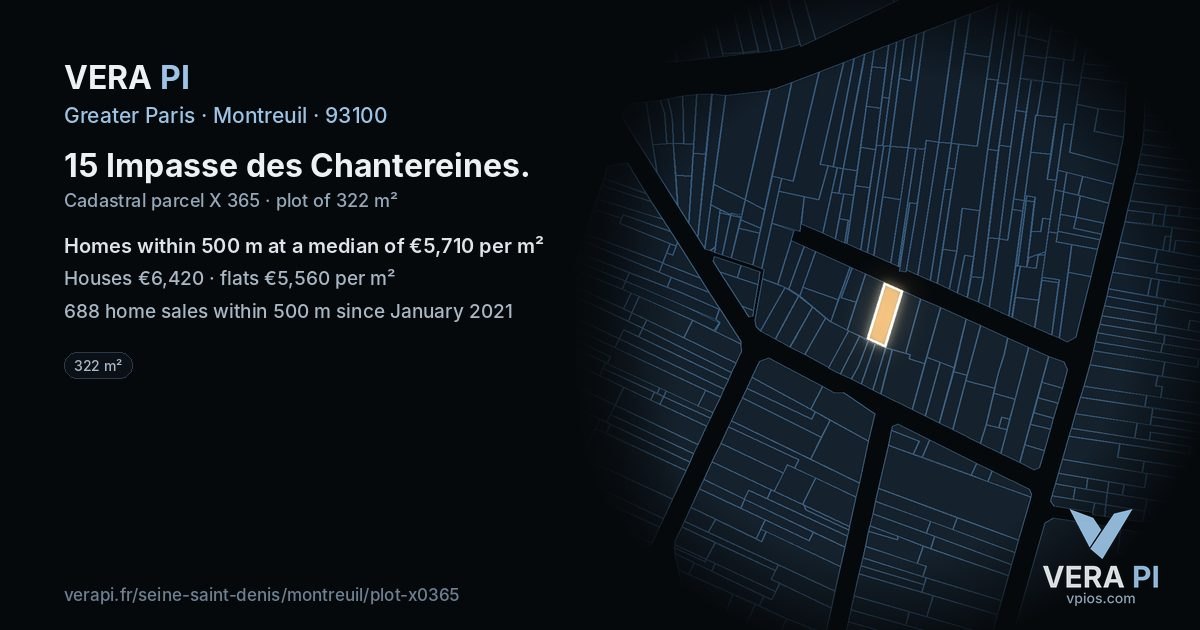 15 Impasse des Chantereines, Montreuil at night – the plot lit, the parcels around coloured by the prices near them