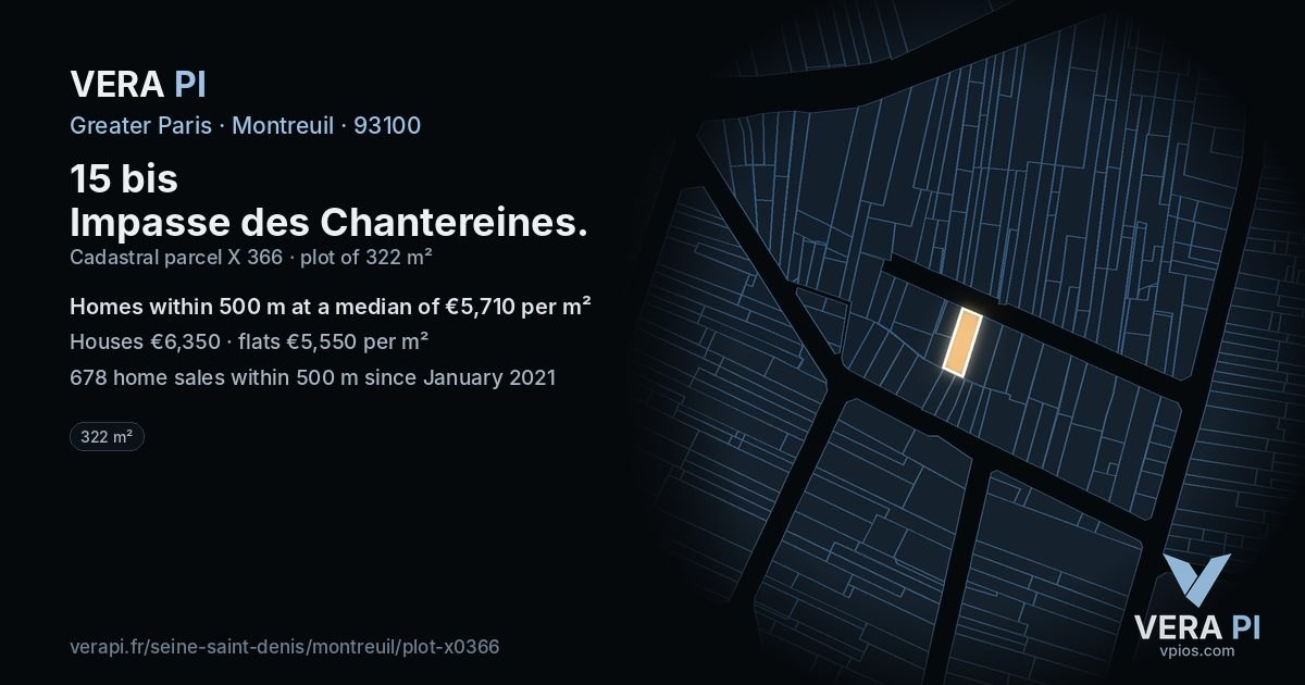 15 bis Impasse des Chantereines, Montreuil at night – the plot lit, the parcels around coloured by the prices near them