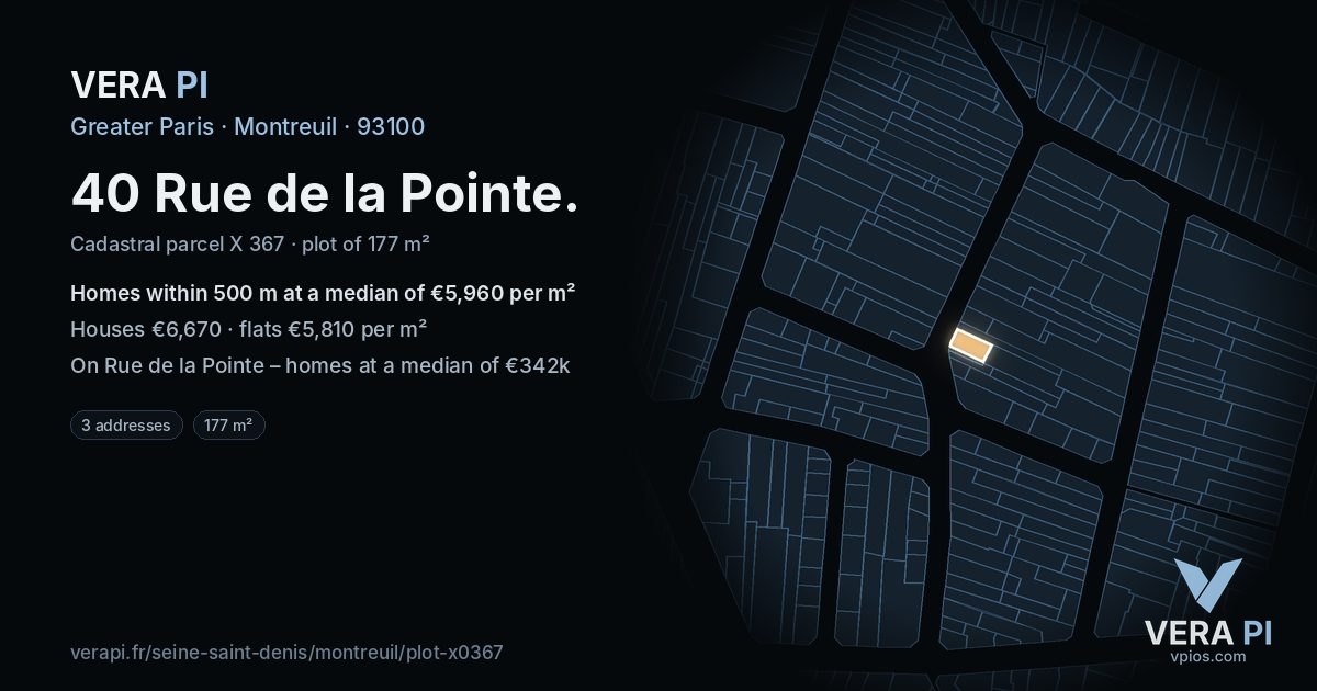 40 Rue de la Pointe, Montreuil at night – the plot lit, the parcels around coloured by the prices near them