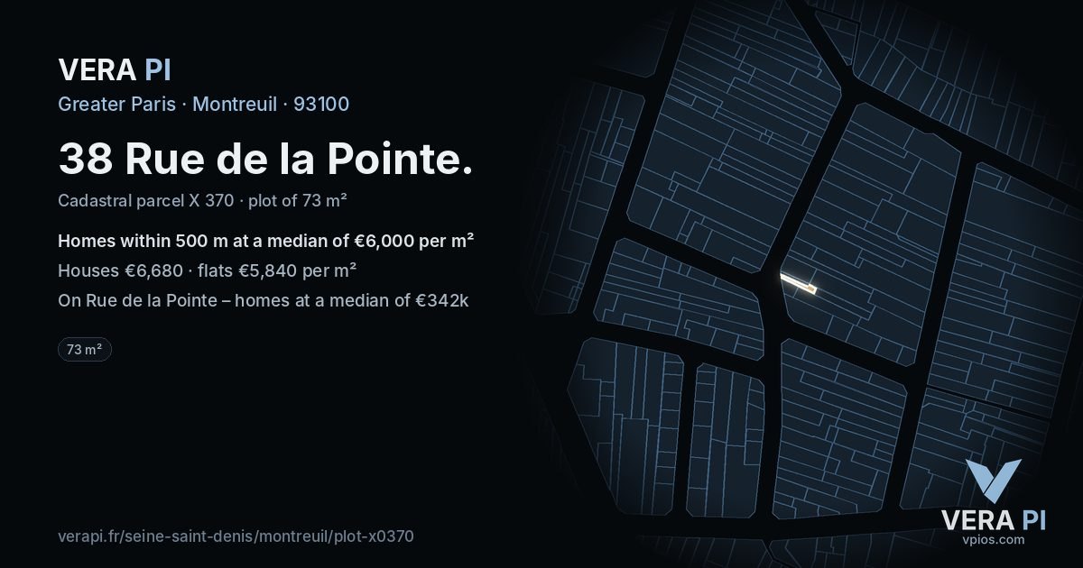 38 Rue de la Pointe, Montreuil at night – the plot lit, the parcels around coloured by the prices near them