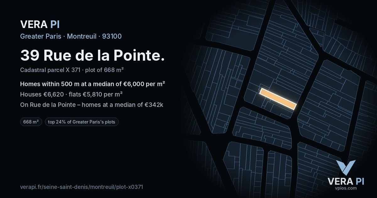 39 Rue de la Pointe, Montreuil at night – the plot lit, the parcels around coloured by the prices near them