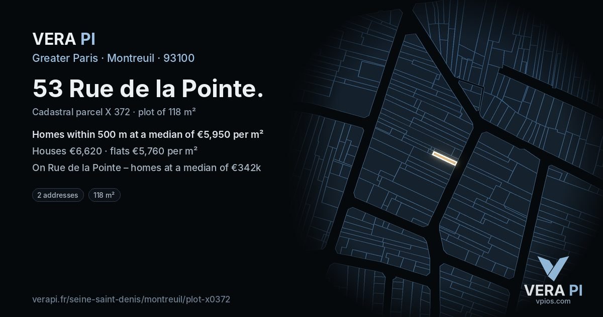 53 Rue de la Pointe, Montreuil at night – the plot lit, the parcels around coloured by the prices near them