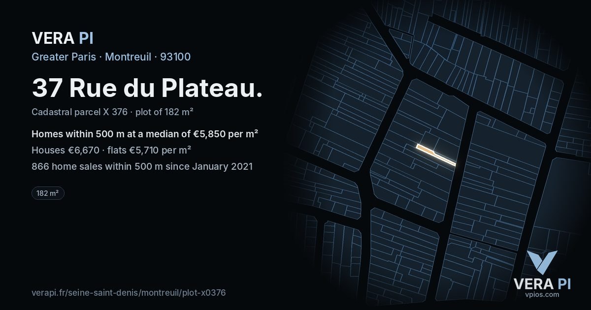 37 Rue du Plateau, Montreuil at night – the plot lit, the parcels around coloured by the prices near them