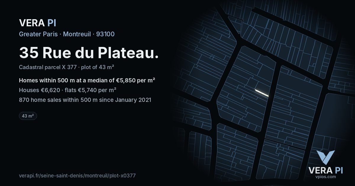 35 Rue du Plateau, Montreuil at night – the plot lit, the parcels around coloured by the prices near them