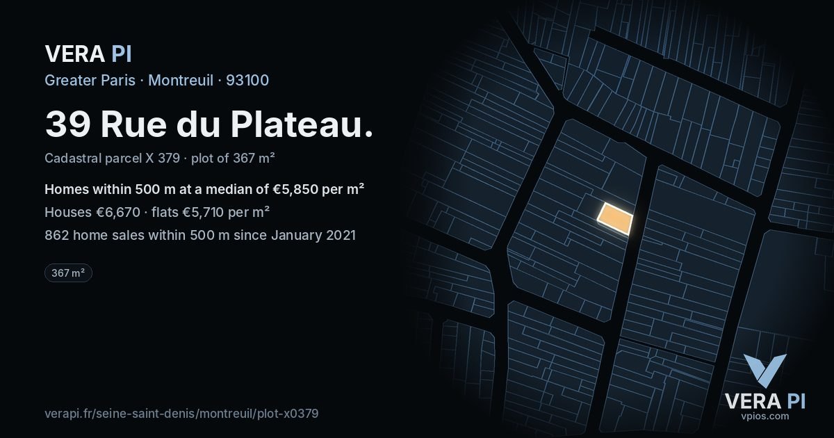 39 Rue du Plateau, Montreuil at night – the plot lit, the parcels around coloured by the prices near them