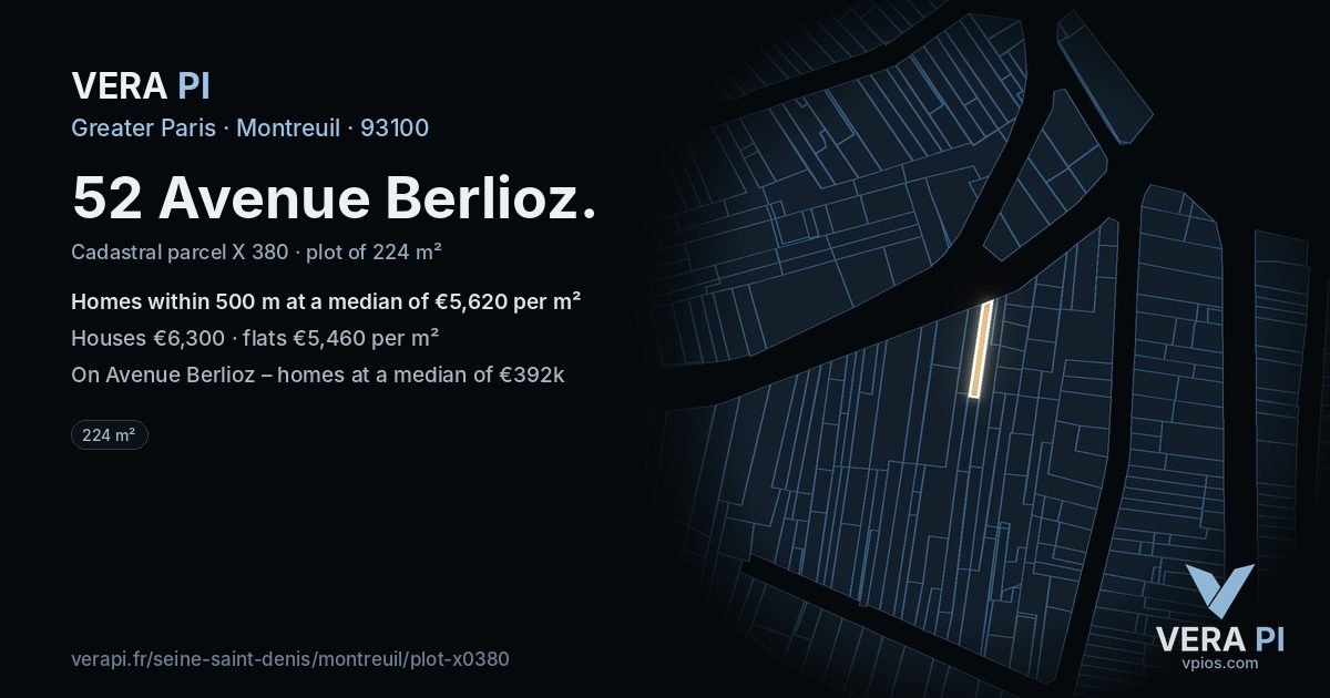52 Avenue Berlioz, Montreuil at night – the plot lit, the parcels around coloured by the prices near them