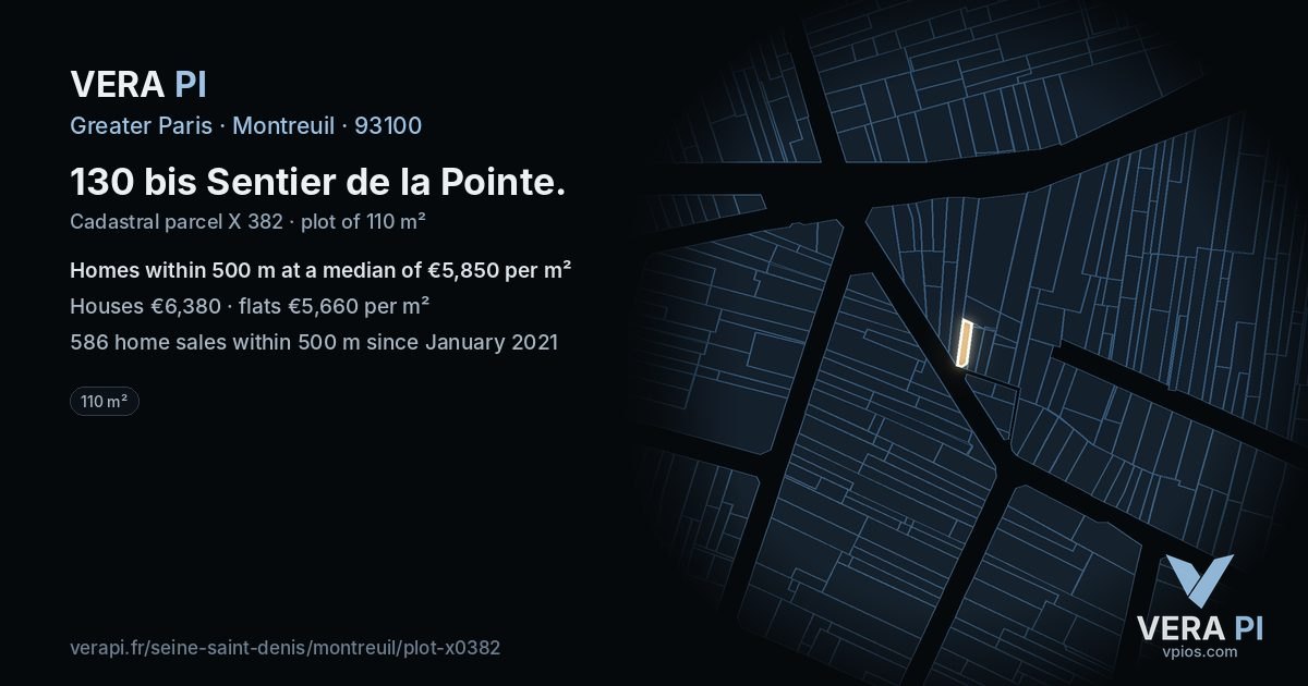 130 bis Sentier de la Pointe, Montreuil at night – the plot lit, the parcels around coloured by the prices near them