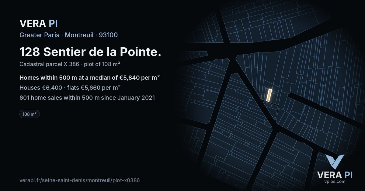 128 Sentier de la Pointe, Montreuil at night – the plot lit, the parcels around coloured by the prices near them