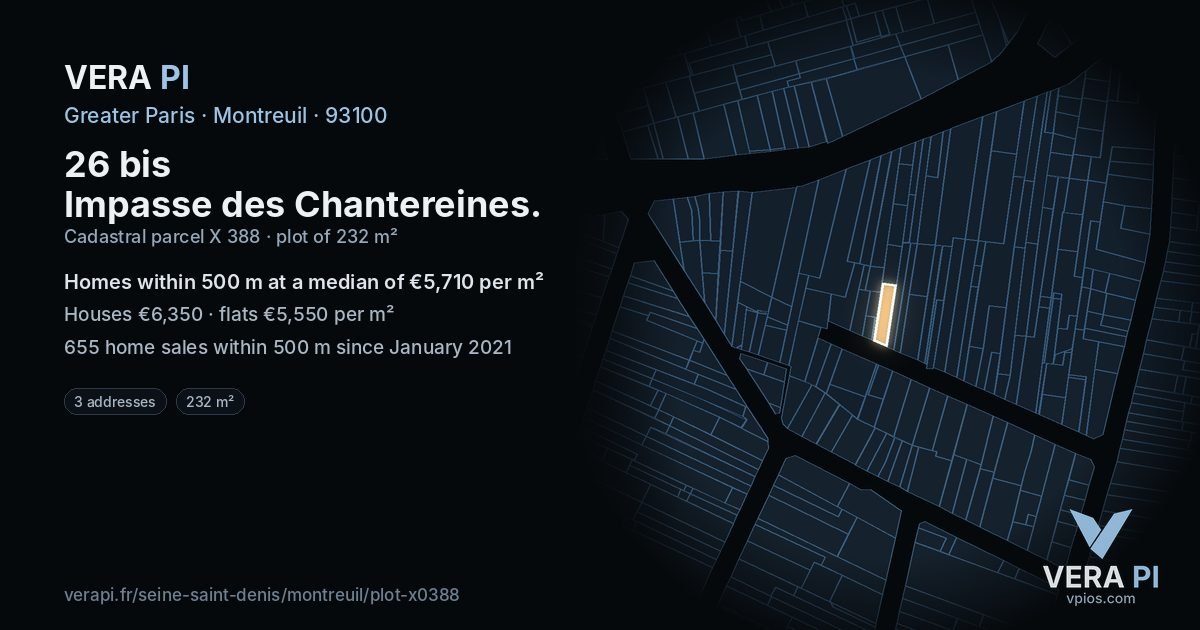 26 bis Impasse des Chantereines, Montreuil at night – the plot lit, the parcels around coloured by the prices near them