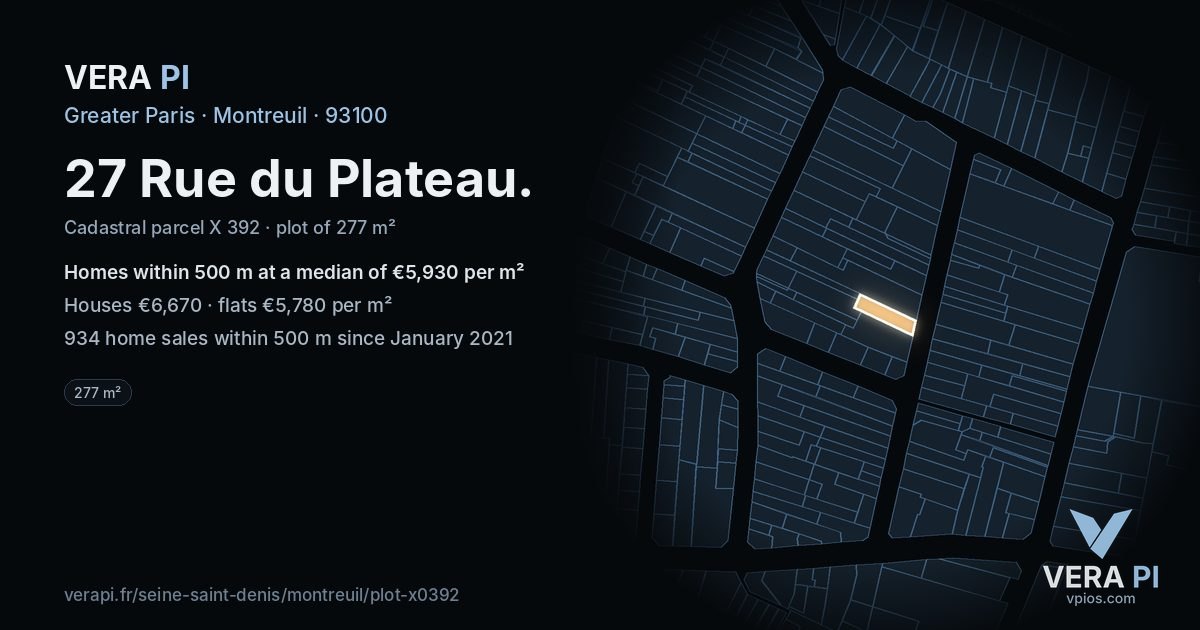 27 Rue du Plateau, Montreuil at night – the plot lit, the parcels around coloured by the prices near them