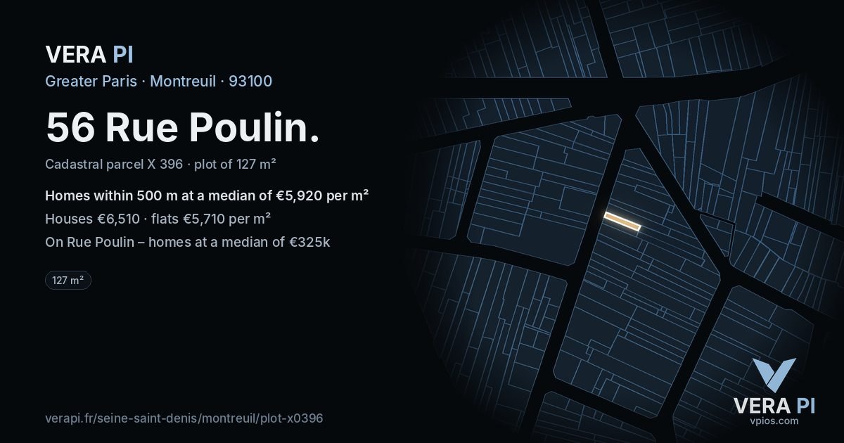 56 Rue Poulin, Montreuil at night – the plot lit, the parcels around coloured by the prices near them