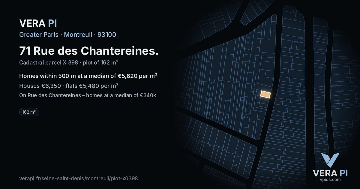 71 Rue des Chantereines, Montreuil at night – the plot lit, the parcels around coloured by the prices near them