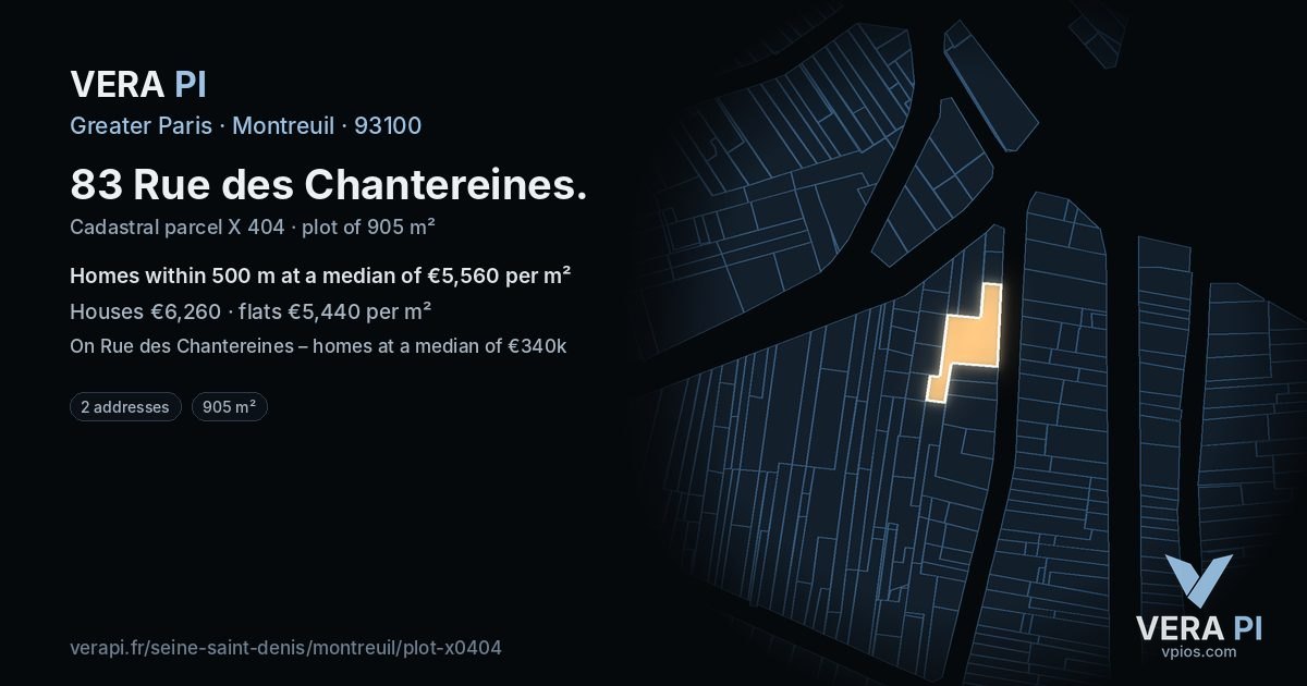 83 Rue des Chantereines, Montreuil at night – the plot lit, the parcels around coloured by the prices near them