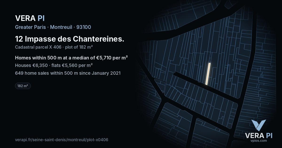 12 Impasse des Chantereines, Montreuil at night – the plot lit, the parcels around coloured by the prices near them
