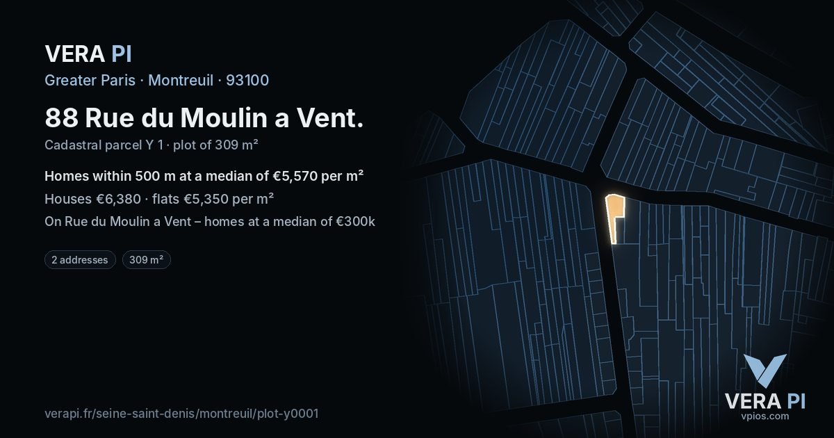 88 Rue du Moulin a Vent, Montreuil at night – the plot lit, the parcels around coloured by the prices near them