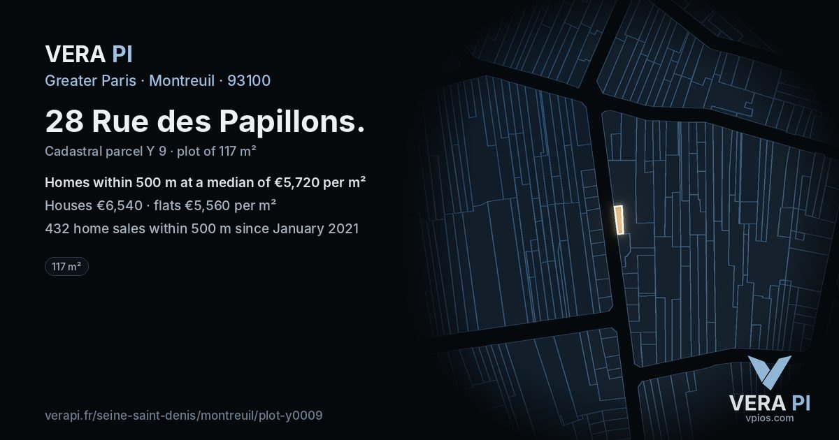 28 Rue des Papillons, Montreuil at night – the plot lit, the parcels around coloured by the prices near them