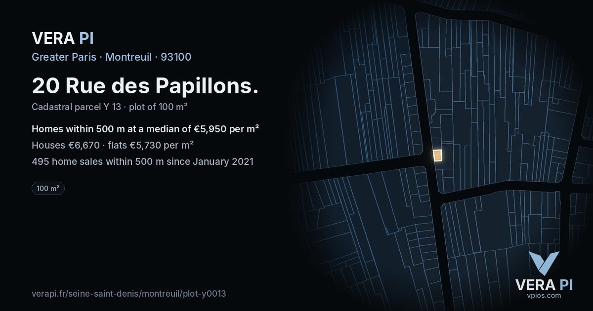 20 Rue des Papillons, Montreuil at night – the plot lit, the parcels around coloured by the prices near them